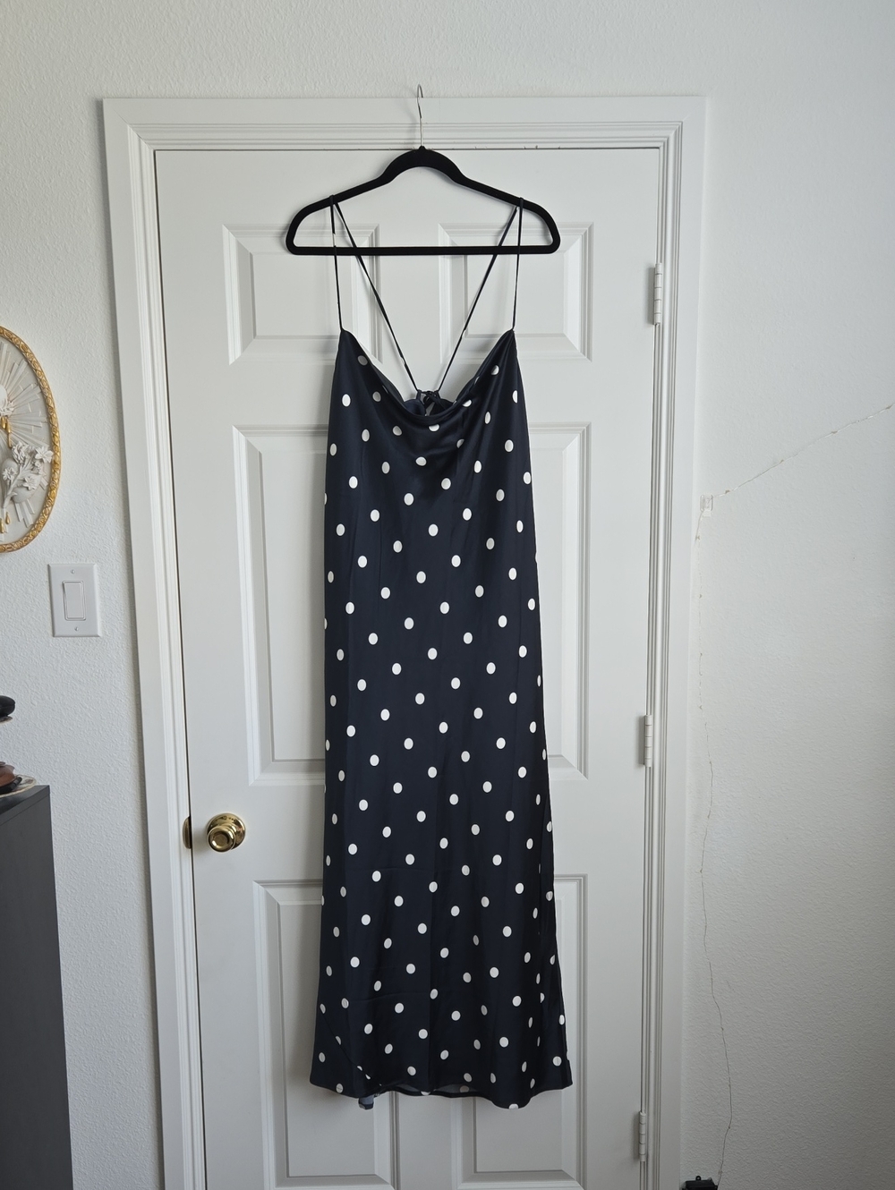 Old Navy Black Maxi Slip Dress with White Polka Dots With Adjustable Tie Straps